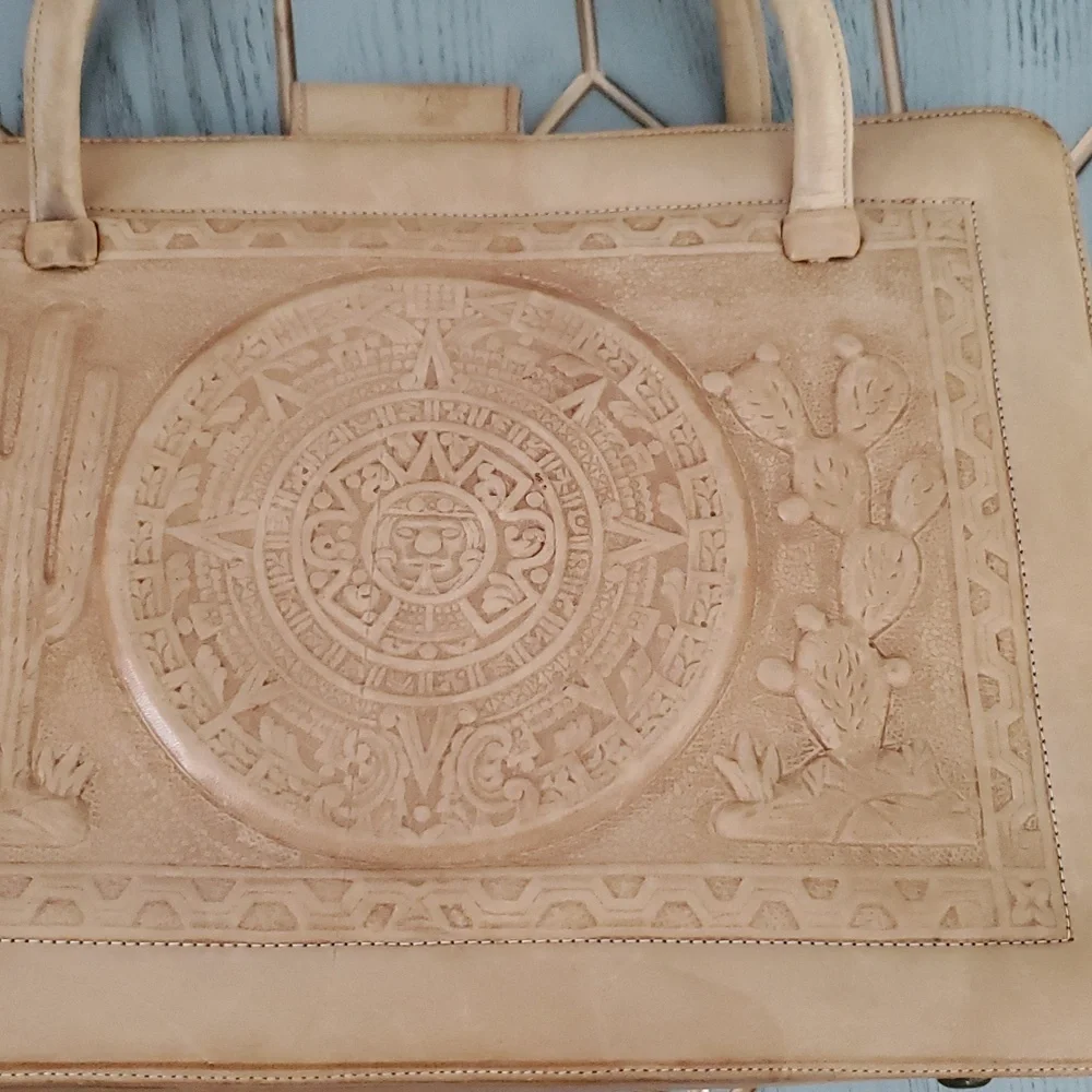Vintage Beige Leather Mexican Satchel Bag